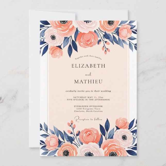 Peach Navy Illustrative Spring Wedding Inbjudningar (Framsida)