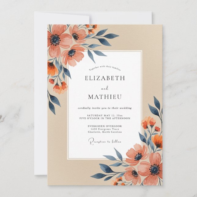 Peach Navy Refined Autumn Wedding Inbjudningar (Framsida)