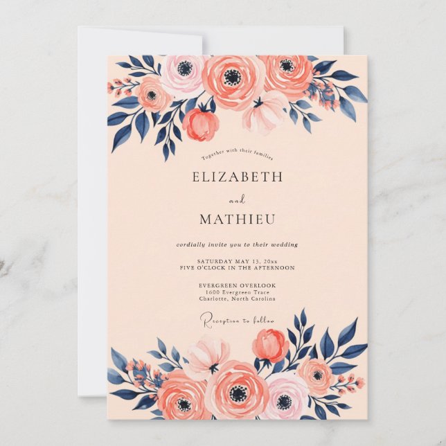 Peach Navy Romantic Spring Wedding Inbjudningar (Framsida)
