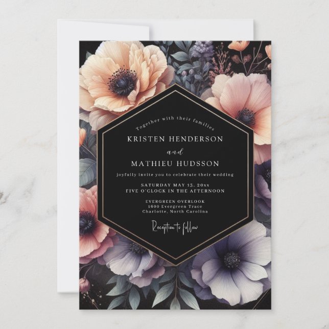 Peach Noir Floral Wedding Inbjudningar (Framsida)