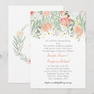 Peach och Grönt Blommigt Guld Sparkles Bröllop Inbjudningar