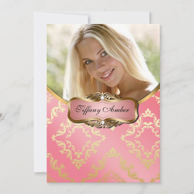 Peach och Guld Damask Photo Inbjudan (Framsida)