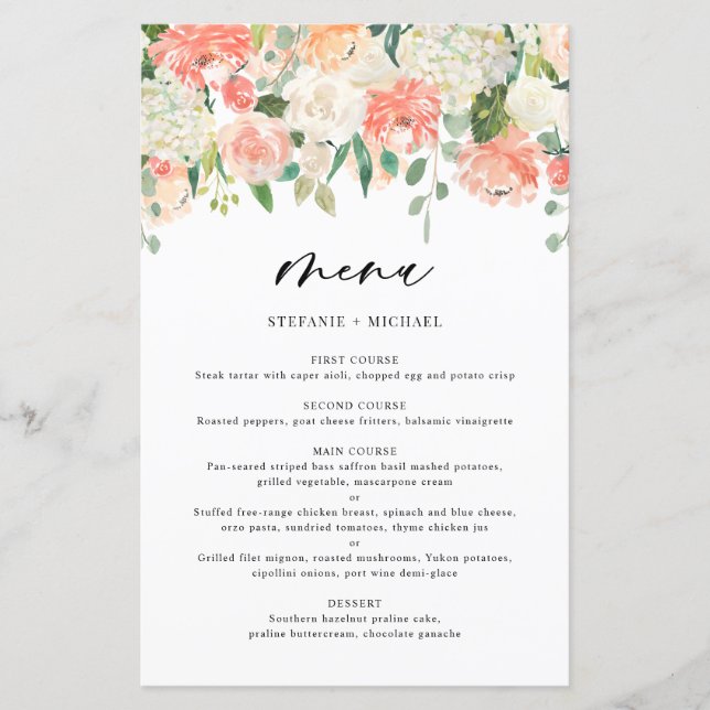 Peach och Ivory Watercolor Flowers Bröllop Menu (Framsida)