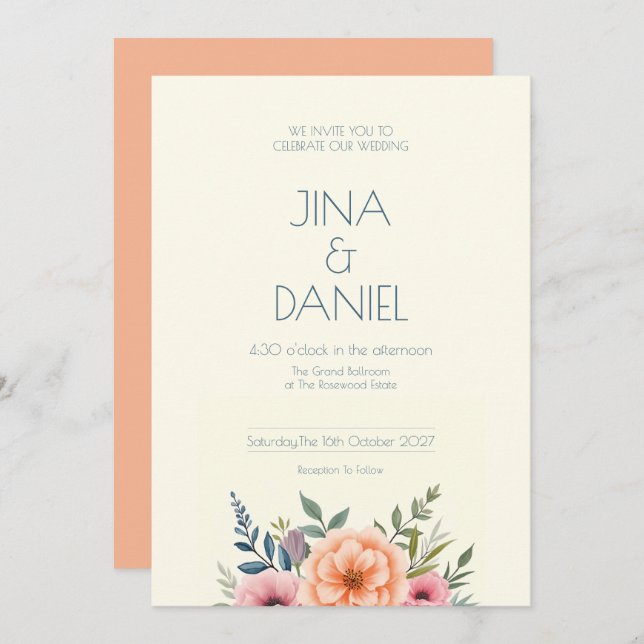 Peach och Petal Dream Inbjudningar (Fram/baksida)
