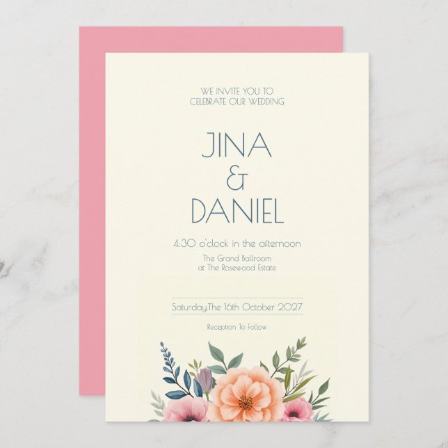 Peach och Petal Dream Inbjudningar (Fram/baksida)
