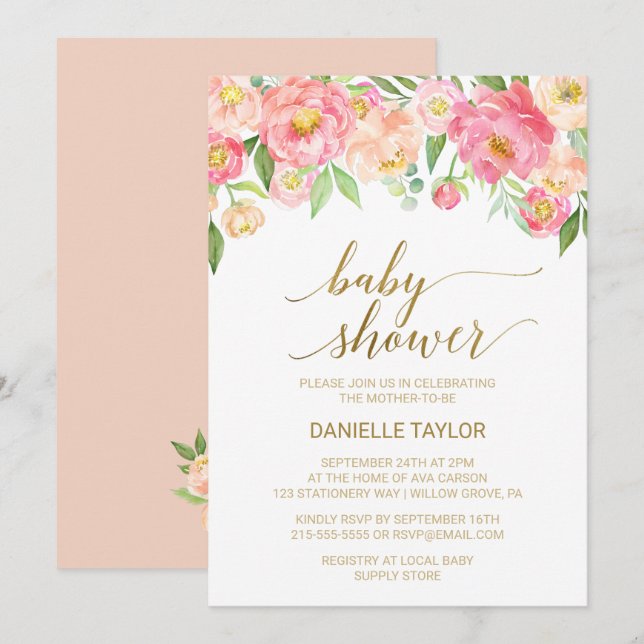 Peach och Rosa Peony Flowers Baby Shower Inbjudningar (Fram/baksida)
