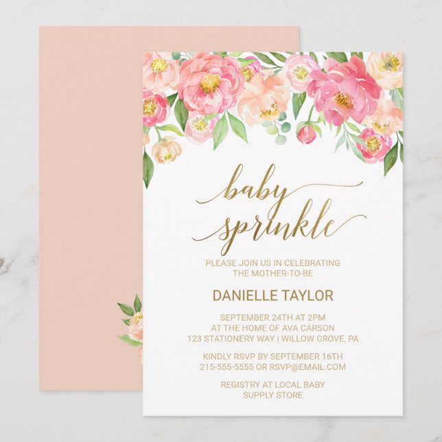 Peach och Rosa Peony Flowers Baby Sprinkle Inbjudningar (Fram/baksida)