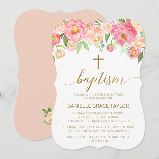 Peach och Rosa Peony Flowers Baptism Inbjudningar (Fram/baksida)
