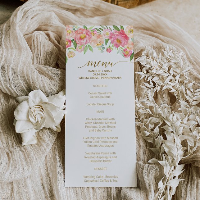 Peach och Rosa Peony Flowers Bröllop Menu Card Meny (Skapare uppladdad)