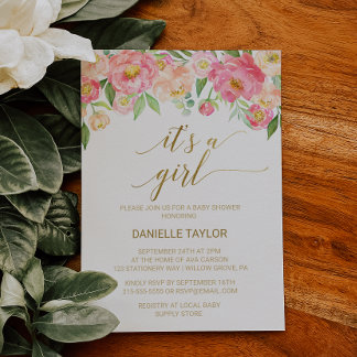 Peach och Rosa Peony Flowers Det är en flicka Inbjudningar