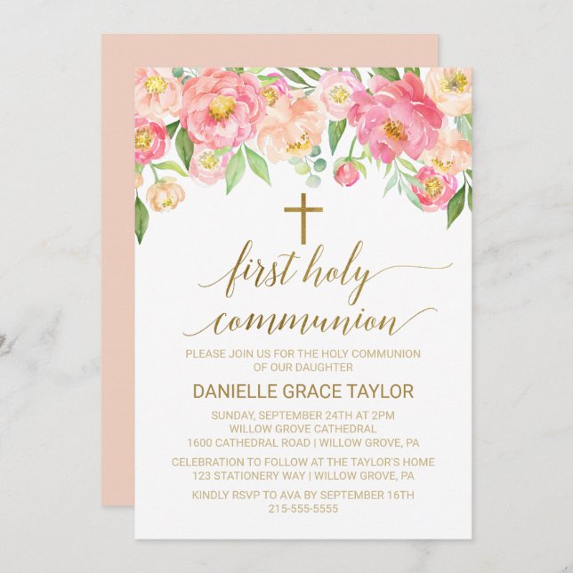 Peach och Rosa Peony Flowers First Heliga Communio Inbjudningar (Fram/baksida)