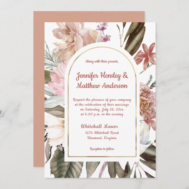 Peach och Terracotta Rustic Blommigt Bröllop I Inbjudningar (Fram/baksida)