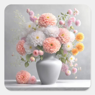 Peach och White Dahlia Bouquet Fyrkantigt Klistermärke