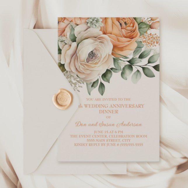 Peach Orange Cream Blommigt 25-årsdagen Inbjudningar (Peach and cream-colored 25th wedding anniversary dinner party invitation)