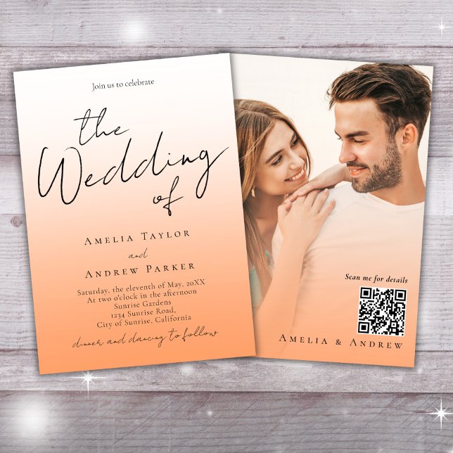 Peach Orange Fuzz Elegant Photo QR-kod Bröllop Inbjudningar (Skapare uppladdad)