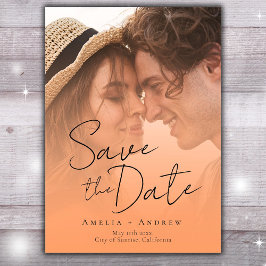 Peach Orange Fuzz Photo Elegant Script Bröllop Spara Datumet