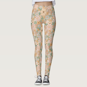 Peach Orange Rosa Grått Blommigt Leggings