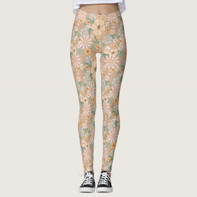 Peach Orange Rosa Grått Blommigt Leggings (Framsida)