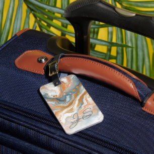 Peach Orange Teal Blue Guld Marble Art Mönster Bagagebricka