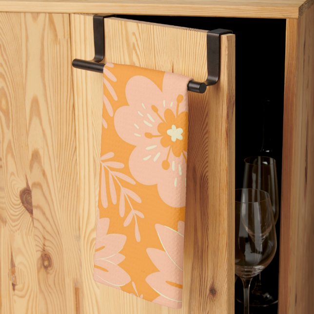 Peach Orange Tropical Blommigt Botanical Summer Kökshandduk (Thirds Fold)