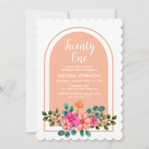 Peach Orange Vår Flora Botanical 21:a födelsedagen Inbjudningar