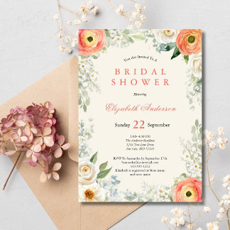 Peach Orange White Watercolor Floral Bridal Shower Inbjudningar