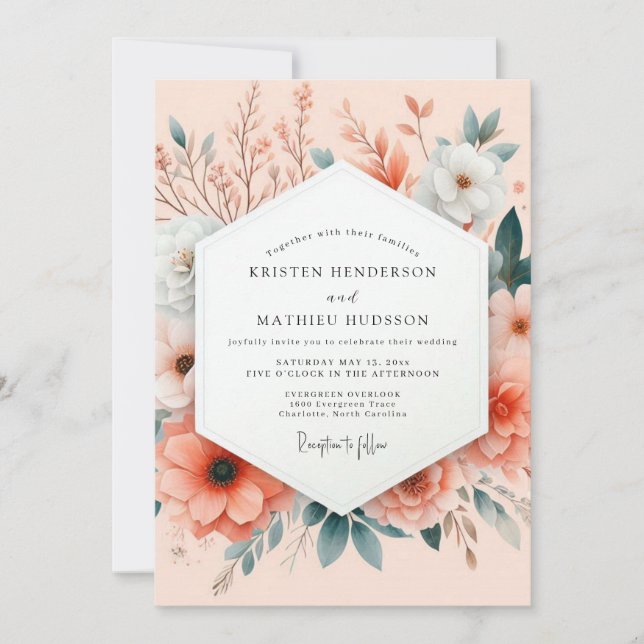 Peach Painterly Botanical Wedding Inbjudningar (Framsida)