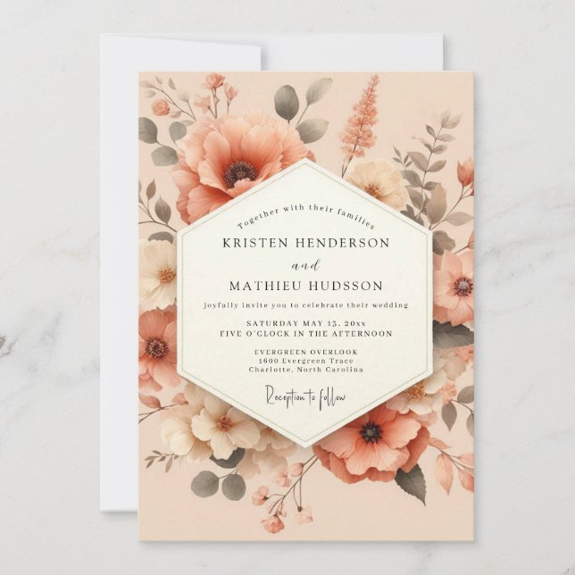 Peach Painterly Poppy Wedding Inbjudningar (Framsida)