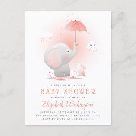 Peach Parbrella Elephant & Bunny Girl Baby Shower Inbjudan Vykort