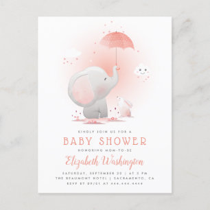 Peach Parbrella Elephant & Bunny Girl Baby Shower Inbjudan Vykort