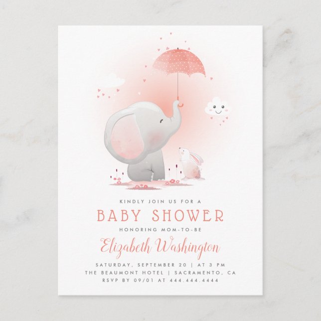 Peach Parbrella Elephant & Bunny Girl Baby Shower Inbjudan Vykort (Framsida)