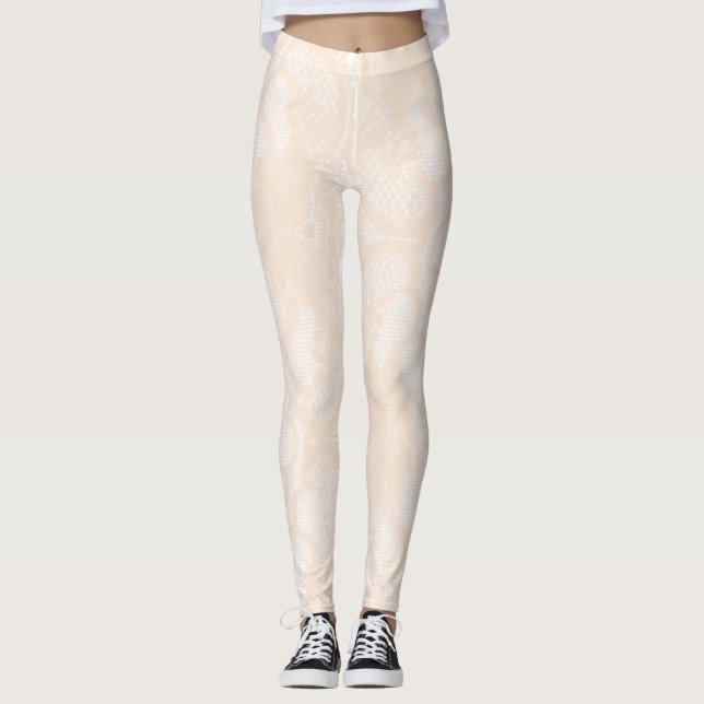 Peach Pastel Blommigt Delicate Powder Cream Snöre Leggings (Framsida)