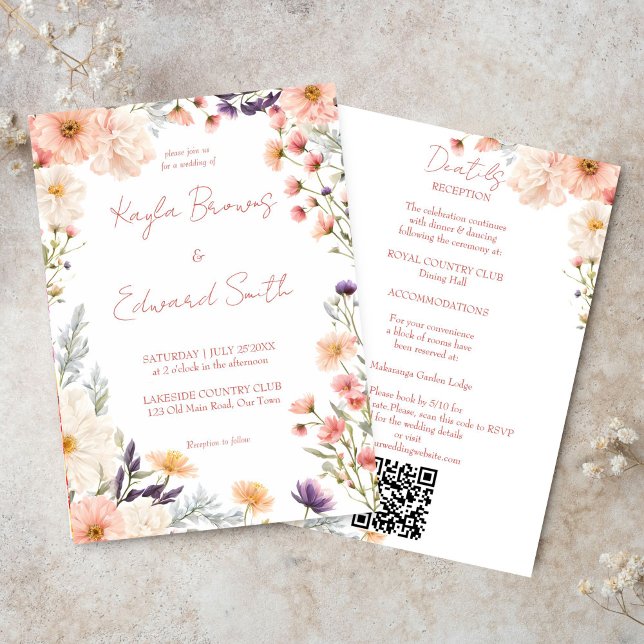 Peach pastel boho wildblommor i hela bröllop inbjudningar (Peach pastel boho wildflowers all in one wedding invitation editable template digital download)