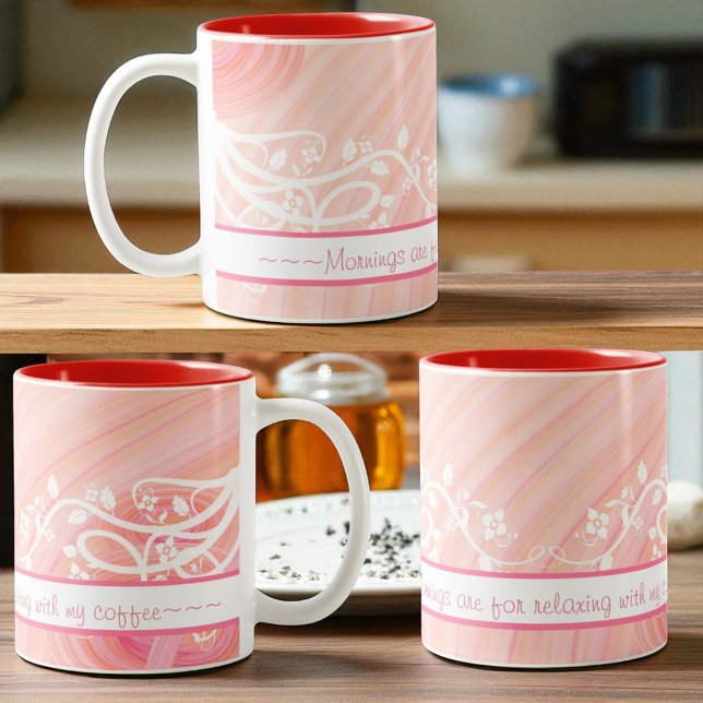 Peach Pastel Spiral och Filigree Artwork Två-Tonad Mugg (both sides of the handle and opposite handle view template mug)