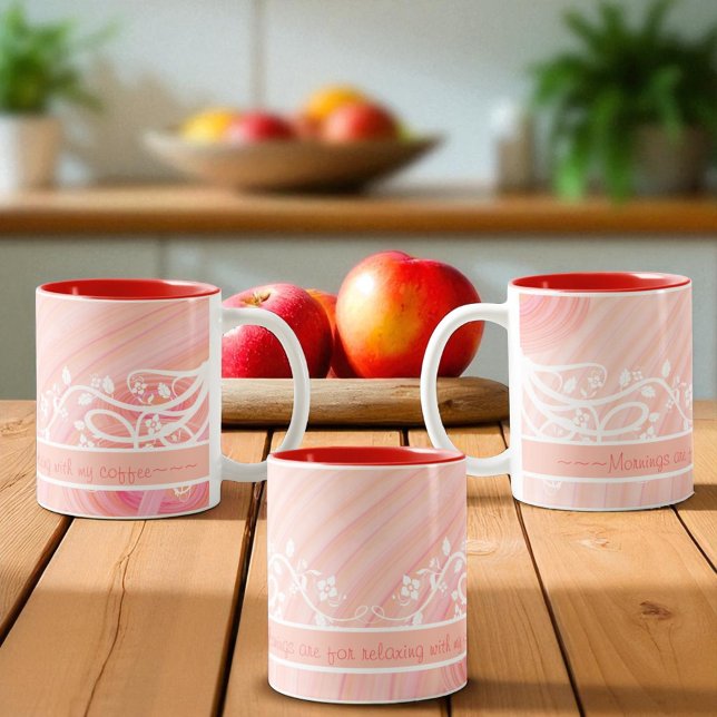 Peach Pastel Spiral och Filigree Artwork Två-Tonad Mugg (three side views to a template ceramic mug)