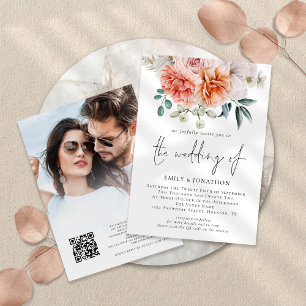 Peach Peonies Blommigts Photo QR Bröllop Inbjudningar