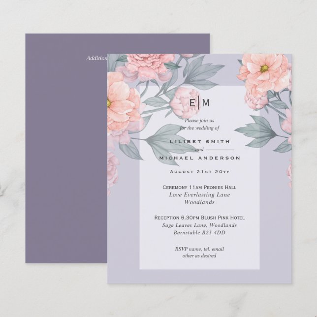  Peach PEONIES Blue Wedding BUDGET (Fram/baksida)