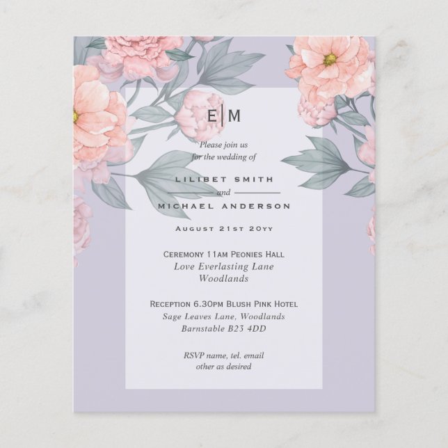  Peach PEONIES Blue Wedding BUDGET Flygblad (Framsidan)