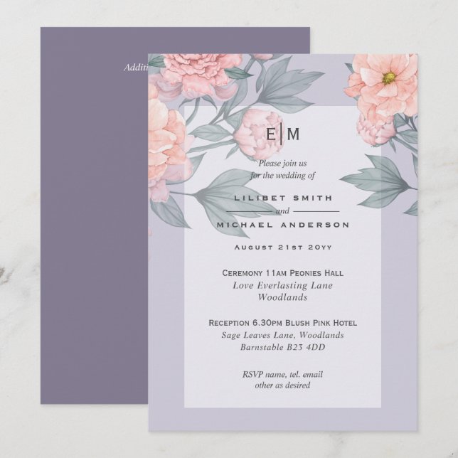  Peach PEONIES Blue Wedding Investigation (Fram/baksida)