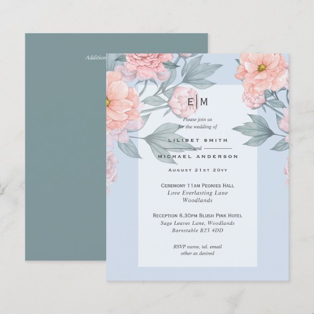  Peach PEONIES Blue Wedding Investigation (Fram/baksida)