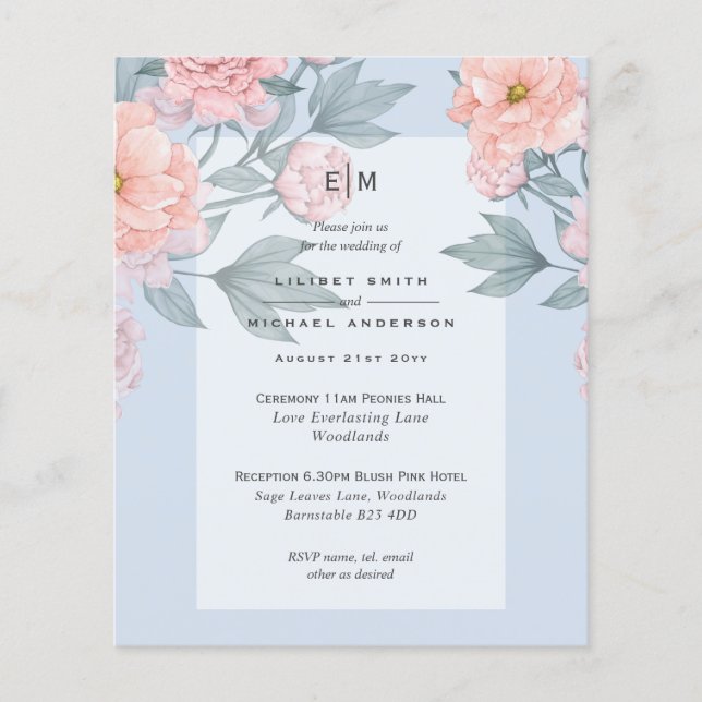  Peach PEONIES Blue Wedding Investigation Flygblad (Framsidan)
