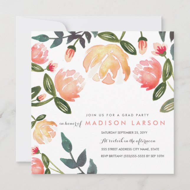 Peach Peonies Grad Party Inbjudningar (Framsida)