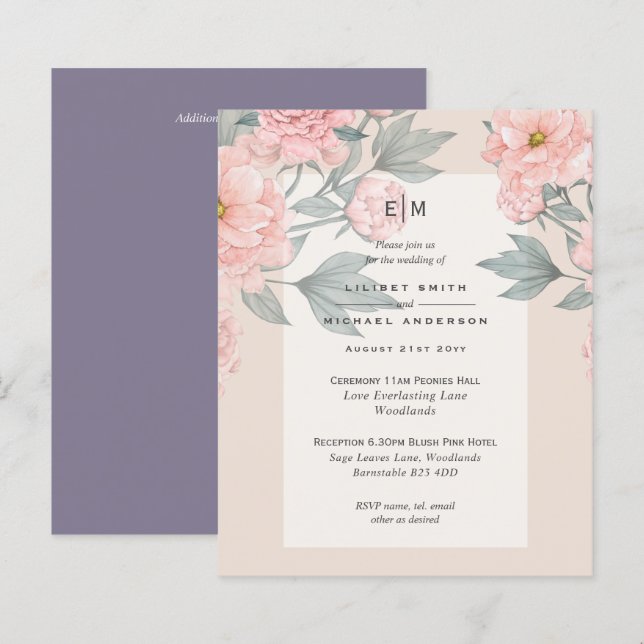  Peach PEONIES Lilac Wedding BUDGET (Fram/baksida)