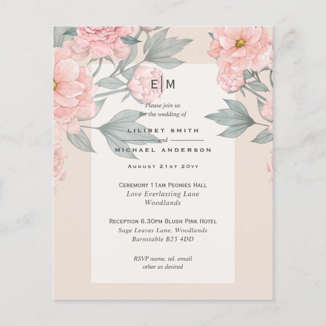  Peach PEONIES Lilac Wedding BUDGET Flygblad (Framsidan)