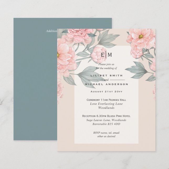  Peach PEONIES Sage Wedding Investigation Receptio (Fram/baksida)