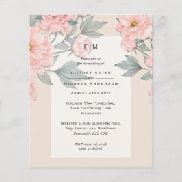  Peach PEONIES Sage Wedding Investigation Receptio Flygblad