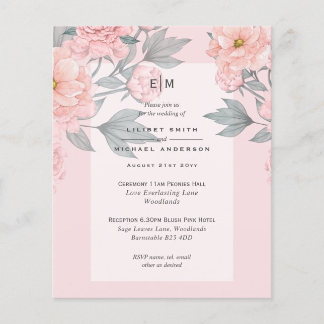  Peach PEONIES Sage Wedding Investigation Receptio Flygblad (Framsidan)