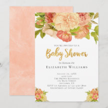 Peach Peonies Watercolor Flowers Girl Baby Shower