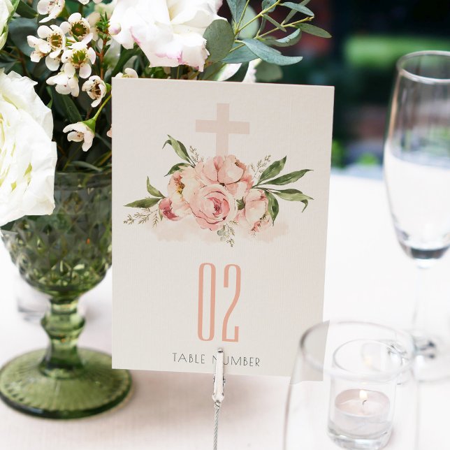 Peach Peony Blommigt Kor Bunch Baptism Välkommen Bordsnummer (Skapare uppladdad)