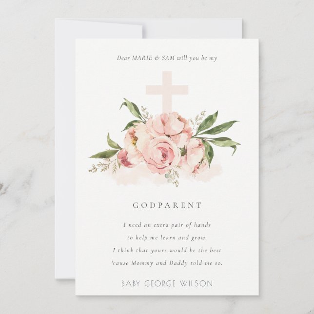 Peach Peony Blommigt Kor Godparent Frieri Inbjudan (Framsida)